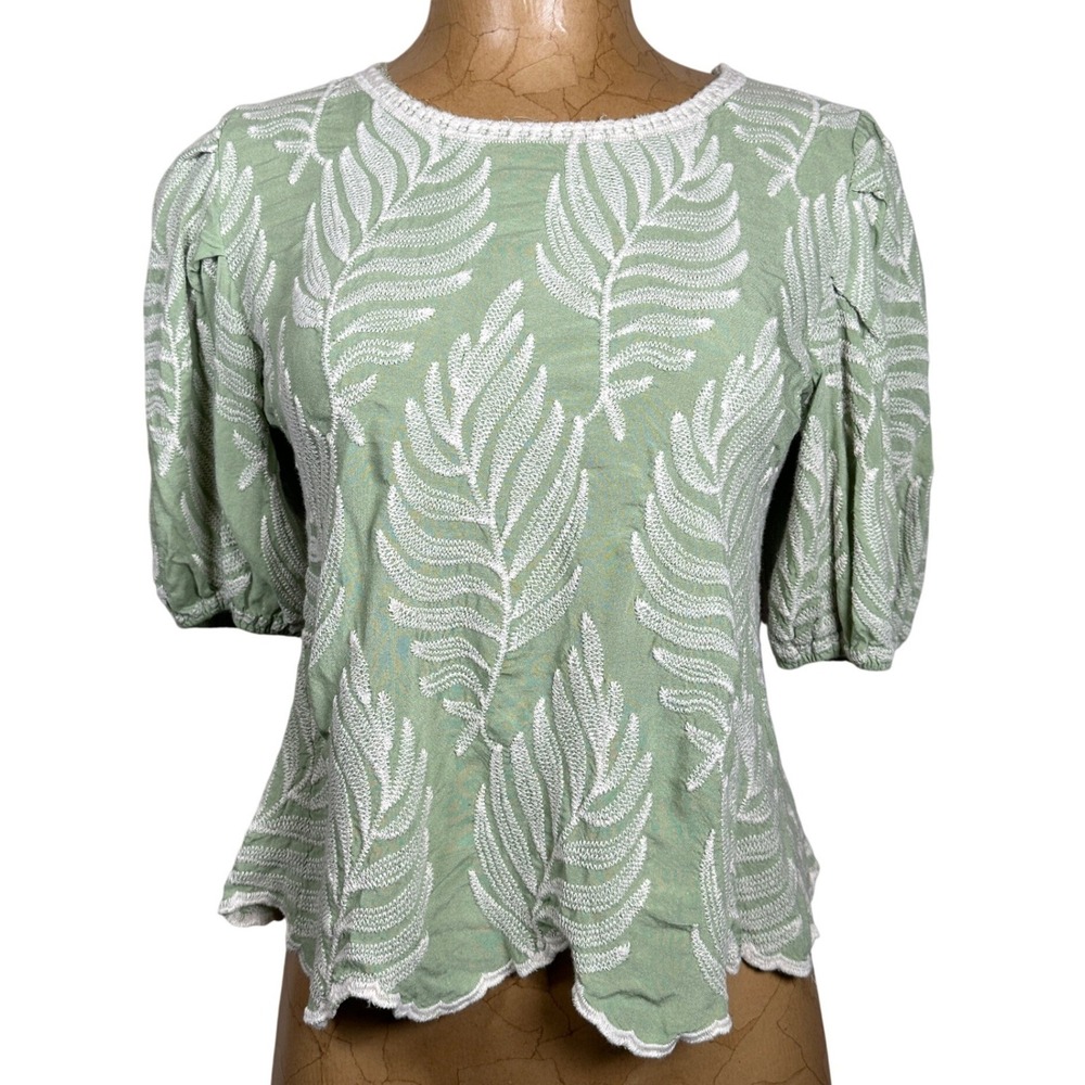 Solitaire Sage Light Green Embroidered Fern Puff Scalloped Blouse Top fairy‎